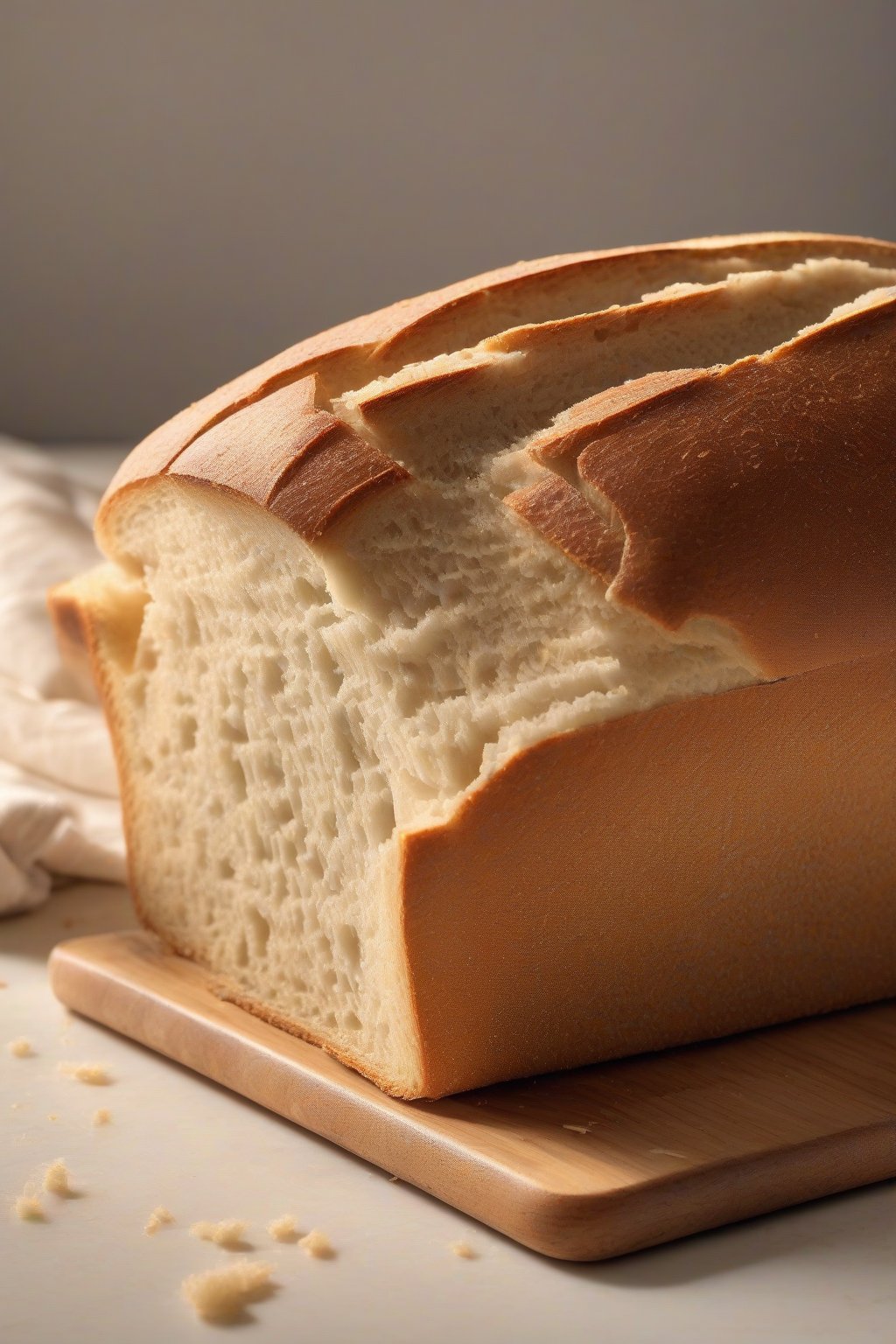 A high-resolution photo of a sliced loaf of soft sourdough sandwich bread revealing even crumb, on a breadboard, under soft lighting.