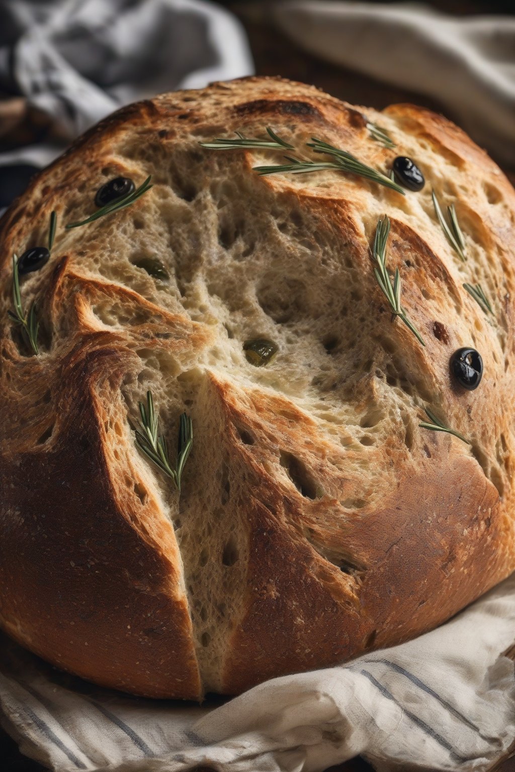 A high-resolution photo of a rustic olive and rosemary sourdough boule, cracked open with olives visible, under soft lighting.