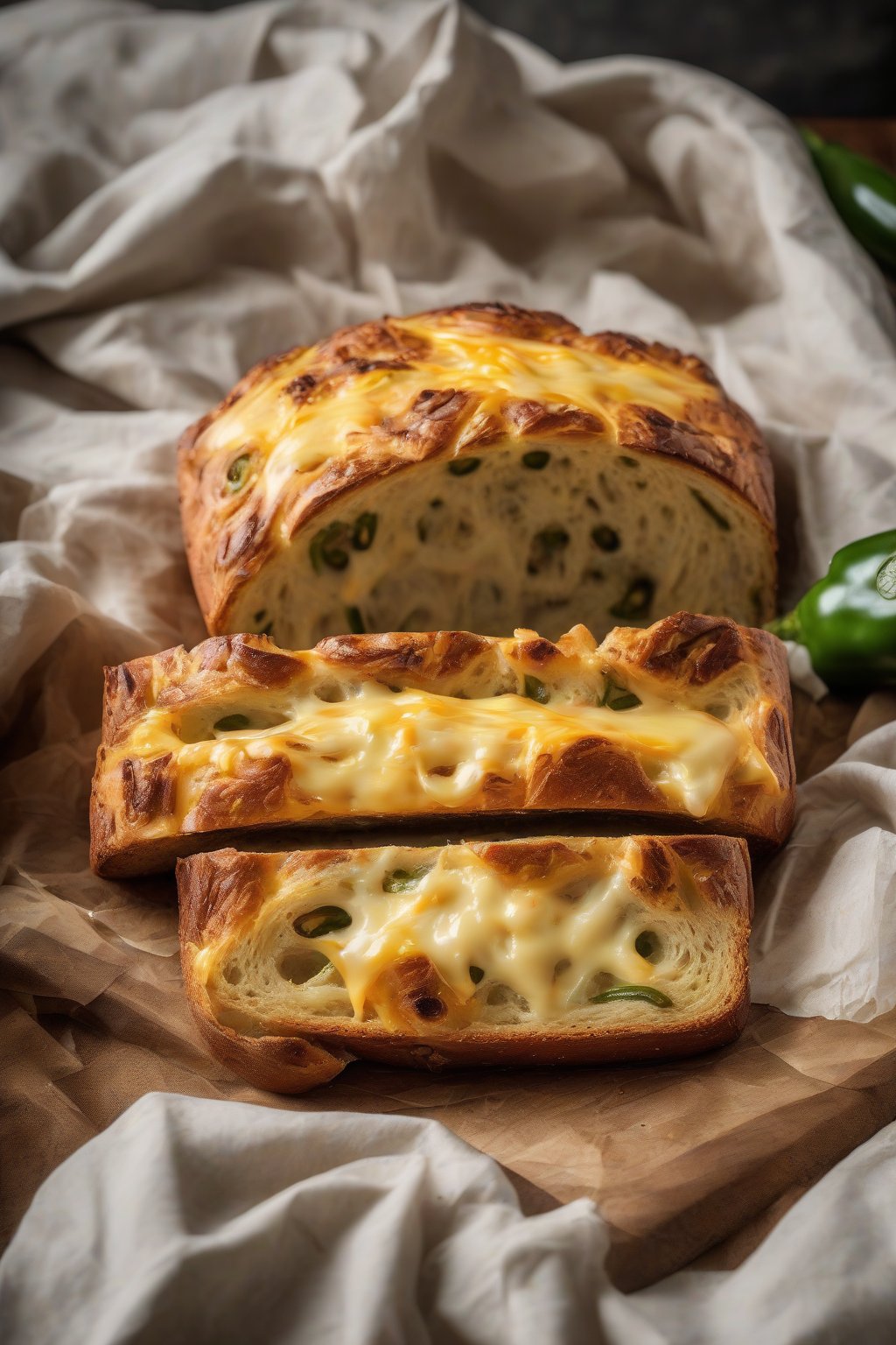 A high-resolution photo of a jalapeño cheddar sourdough loaf with molten cheese pulls, sliced on parchment, under soft lighting.