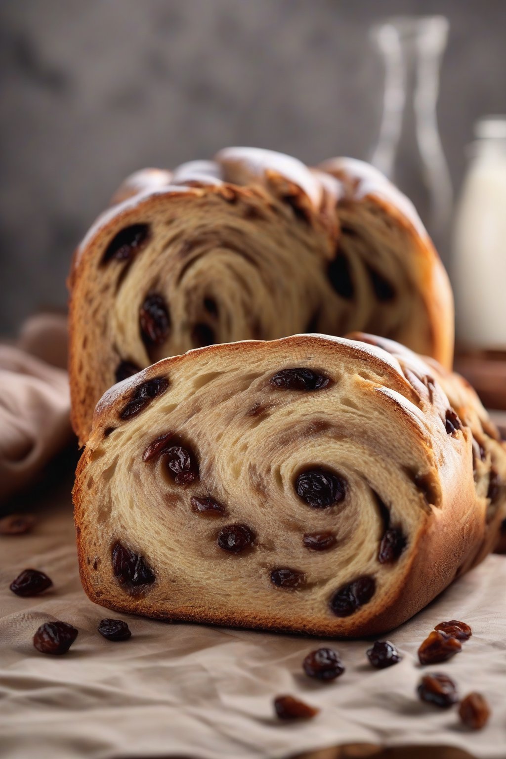 A high-resolution photo of a swirled cinnamon raisin sourdough loaf, interior showing plump raisins, under soft lighting.