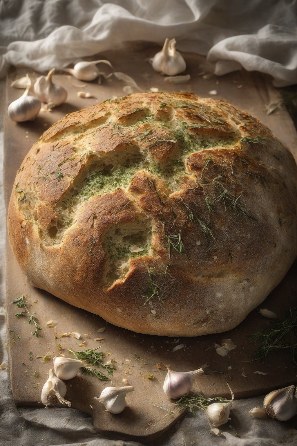 A high-resolution photo of garlic herb sourdough with visible herb flecks and golden crust, on a rustic table, under soft lighting.