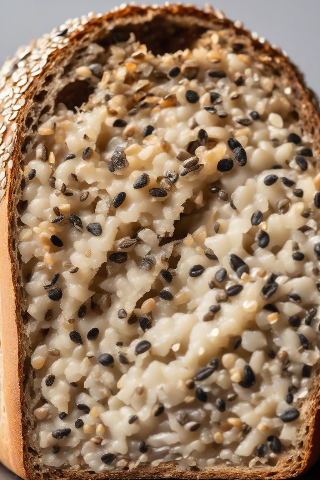 A high-resolution photo of a seeded sourdough loaf studded with seeds, cross-section showing crunch, under soft lighting.