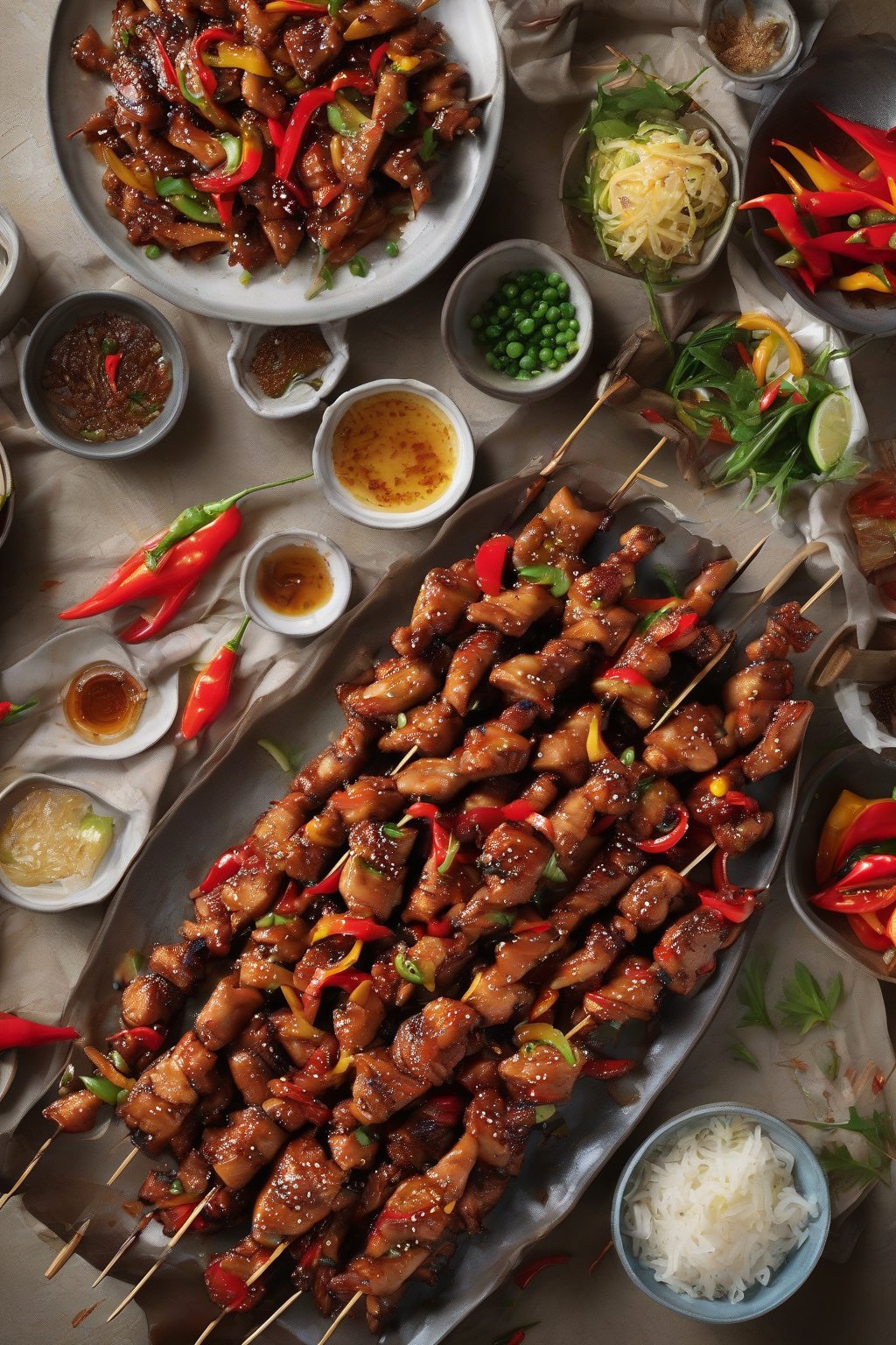 A high-resolution photo of chicken bulgogi with vibrant peppers and honey glaze, piled high on skewers, under soft lighting.