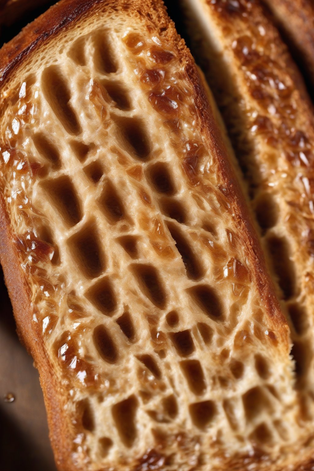 A high-resolution photo of a dense honey whole wheat sourdough slice, honey-glazed crust, under soft lighting.
