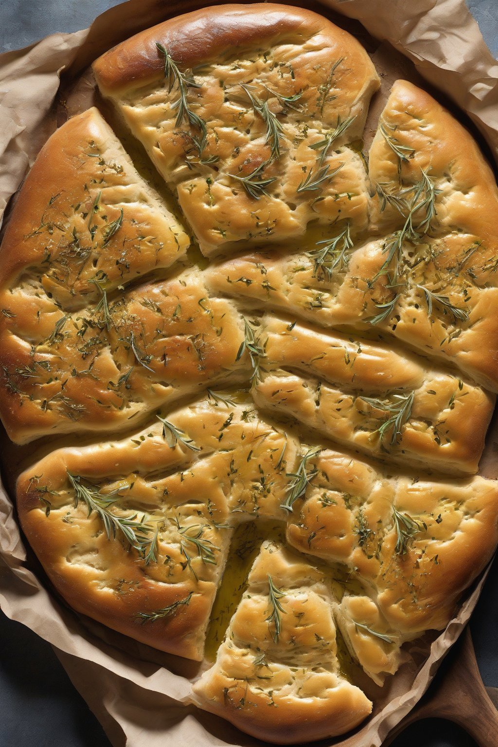 A high-resolution photo of olive oil-drenched sourdough focaccia with dimples and herbs, fresh from oven, under soft lighting.
