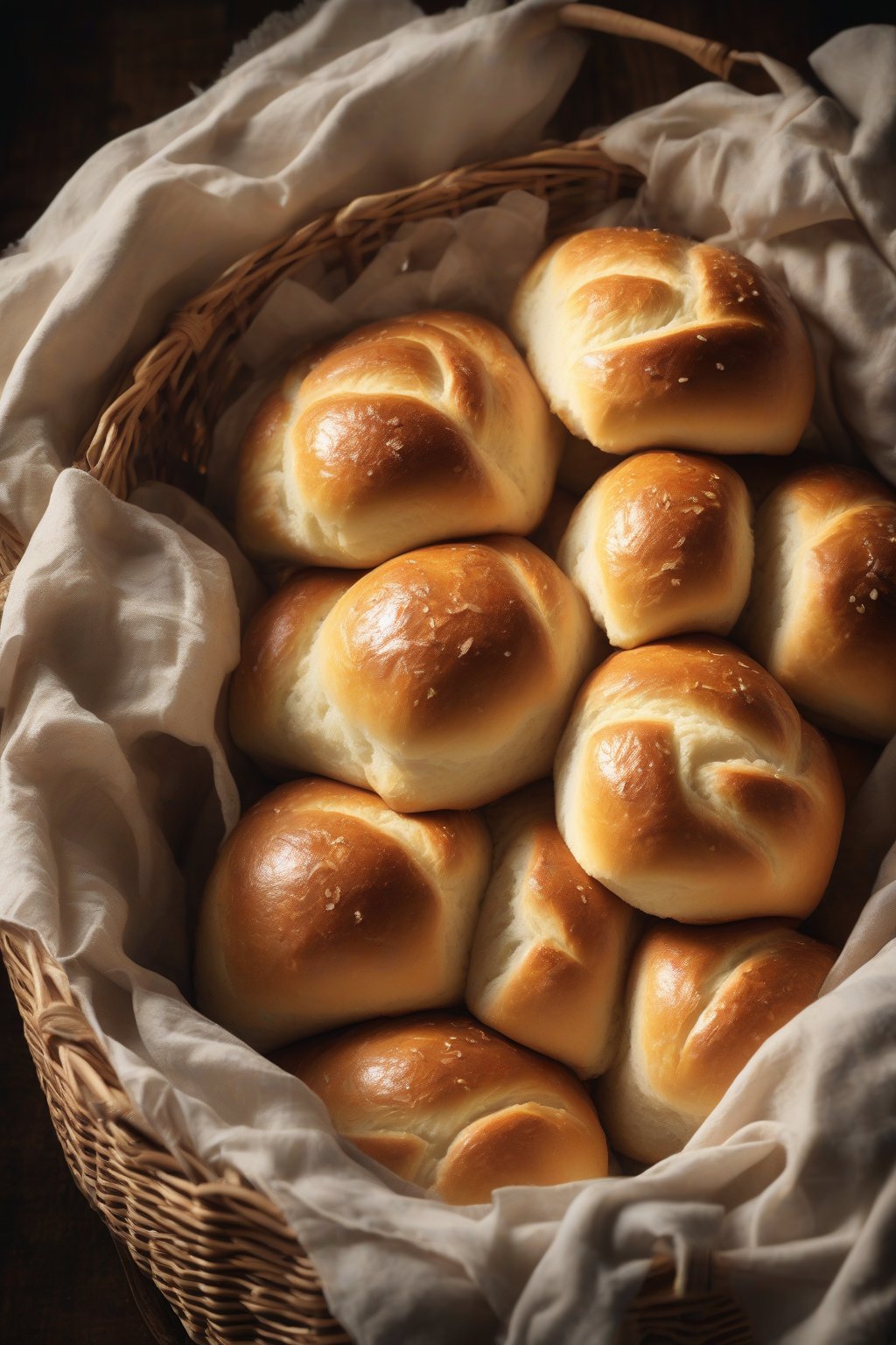 A high-resolution photo of golden sourdough dinner rolls in a basket, steam rising, under soft lighting.