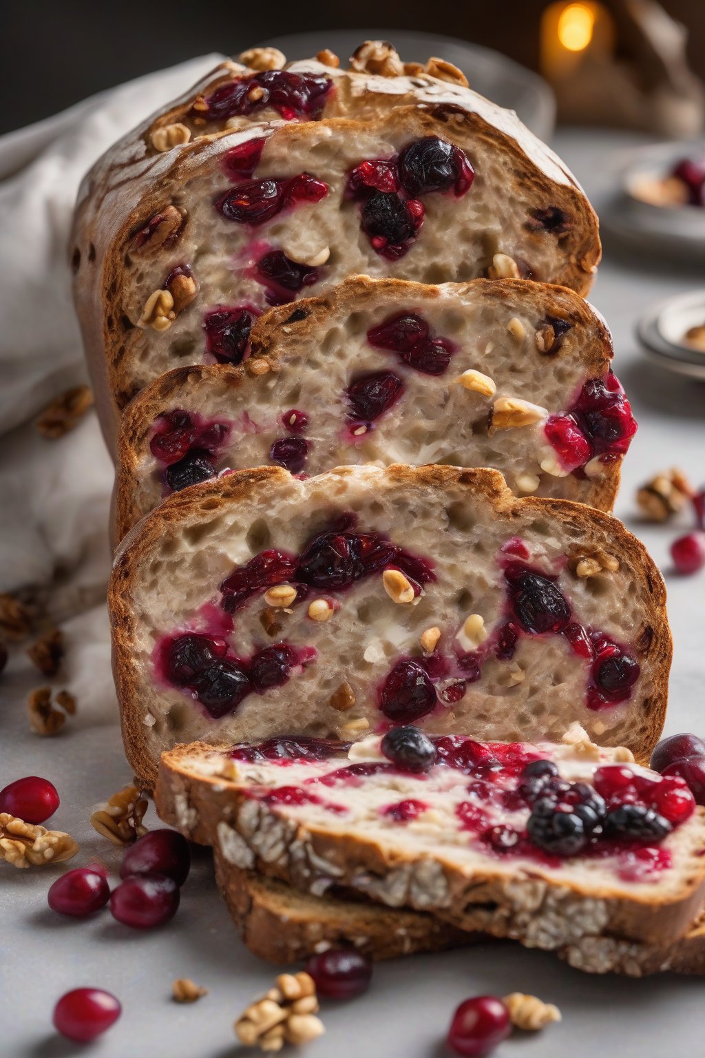 A high-resolution photo of cranberry walnut sourdough with jewel-like berries and nut chunks, sliced open, under soft lighting.