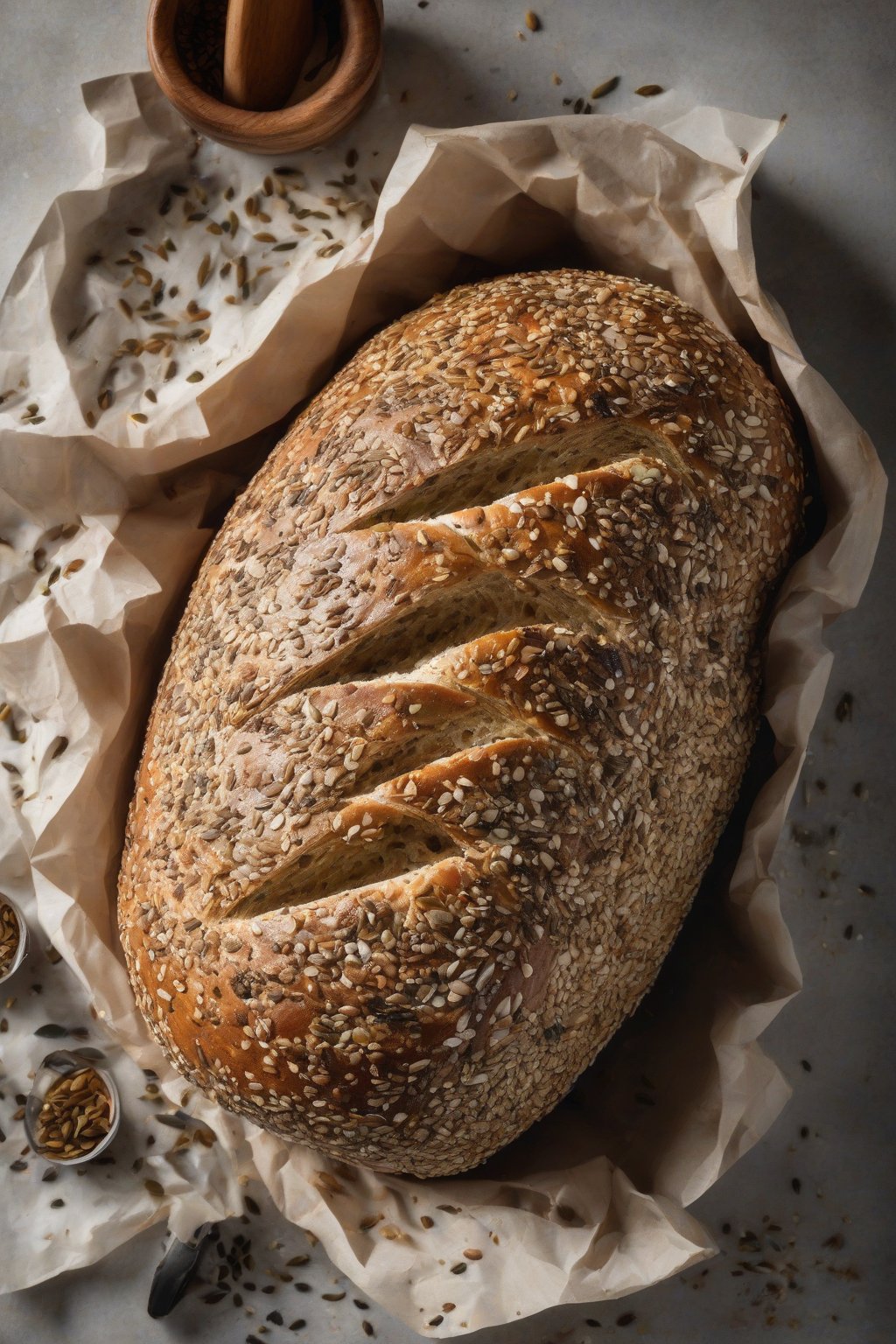 A high-resolution photo of everything bagel sourdough loaf coated in seeds and spices, crusty exterior, under soft lighting.