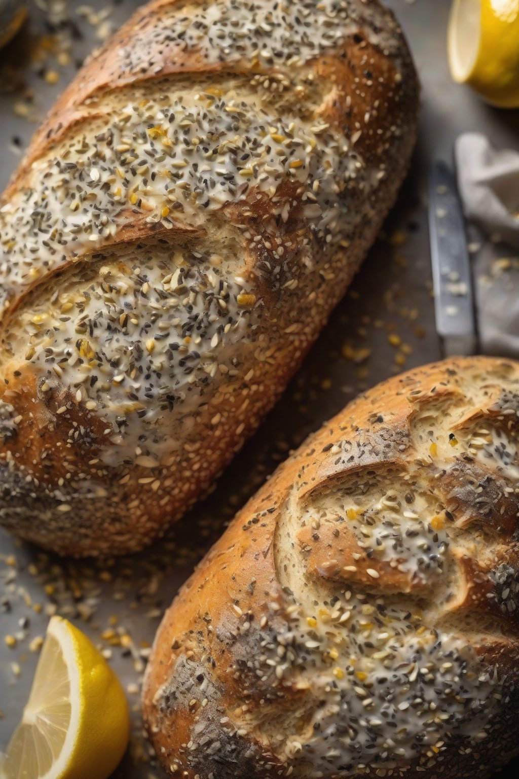 A high-resolution photo of lemon poppy seed sourdough with vibrant zest flecks and seeds, light crumb, under soft lighting.