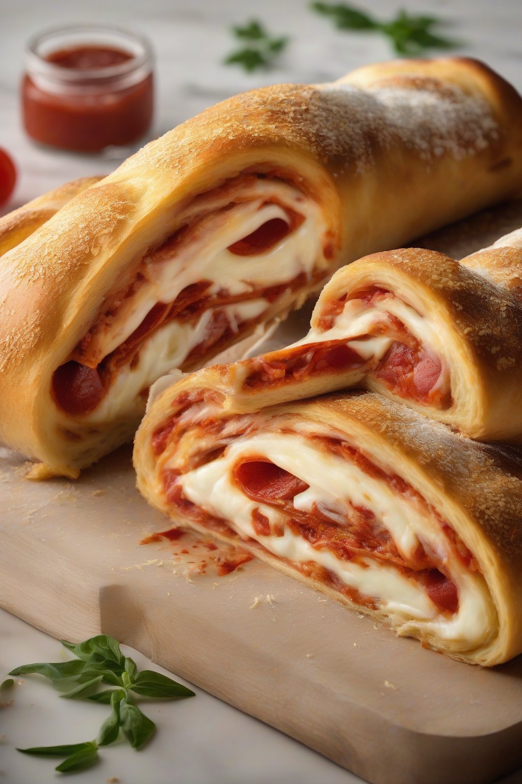 A high-resolution photo of a sliced classic pepperoni and mozzarella stromboli revealing gooey cheese and pepperoni layers under soft lighting.