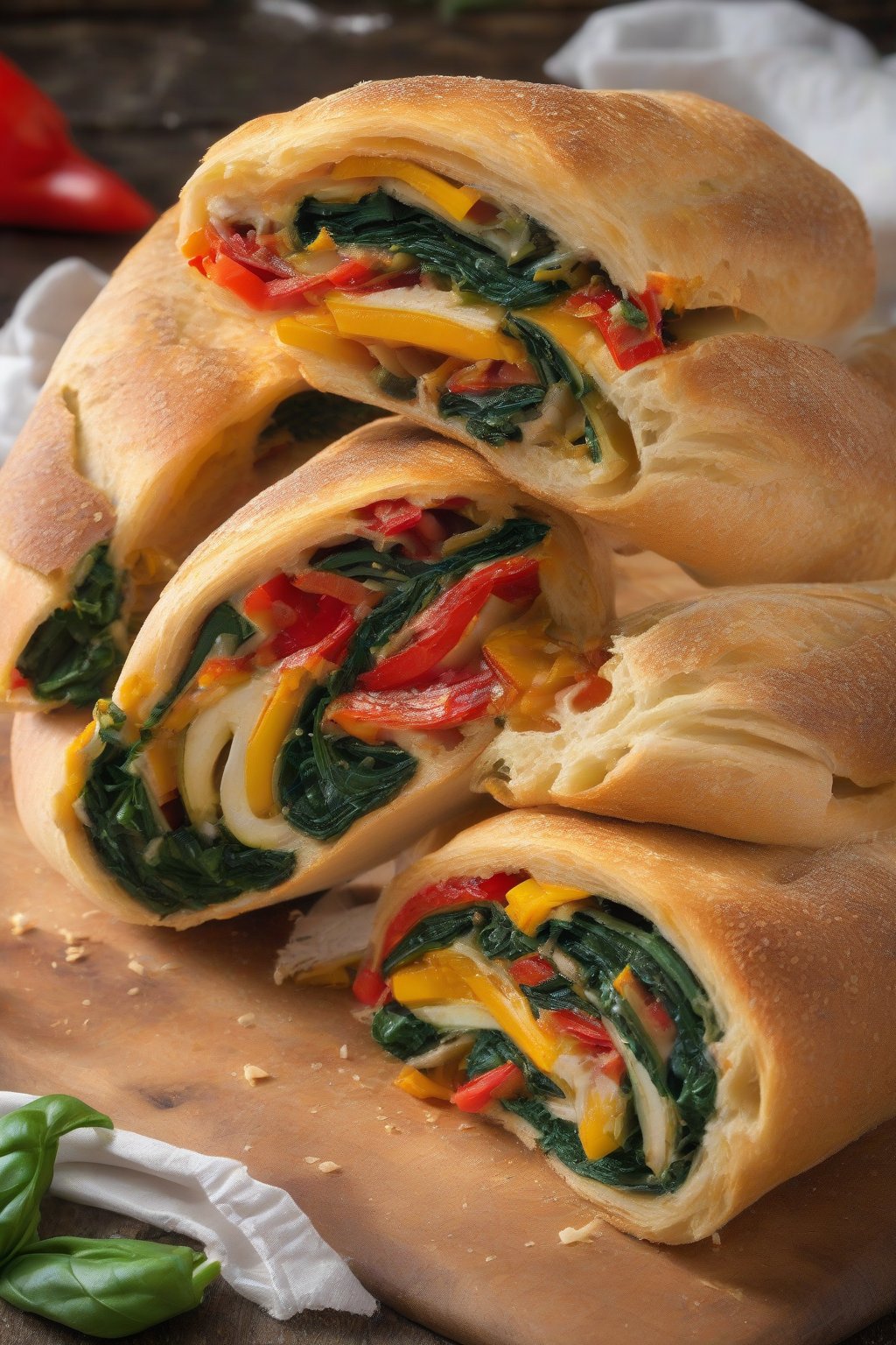 A high-resolution photo of a colorful veggie supreme stromboli sliced open to show fresh peppers and spinach, under soft lighting.