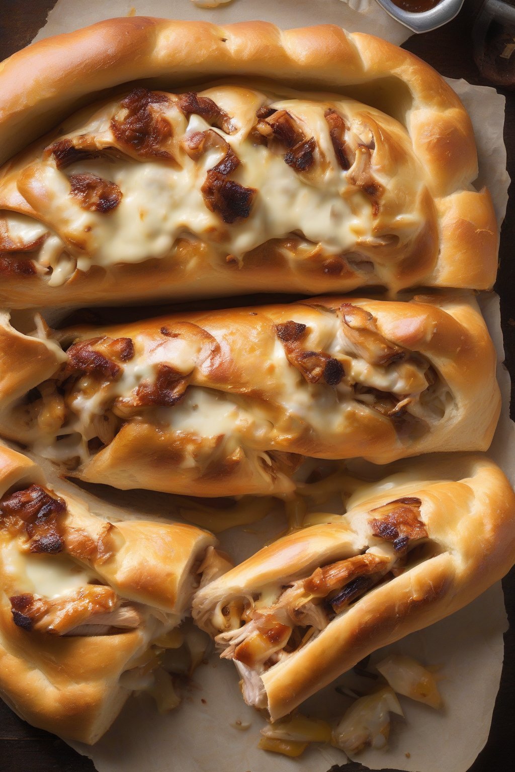 A high-resolution photo of BBQ chicken stromboli with caramelized onions and melted cheese pull, under soft lighting.