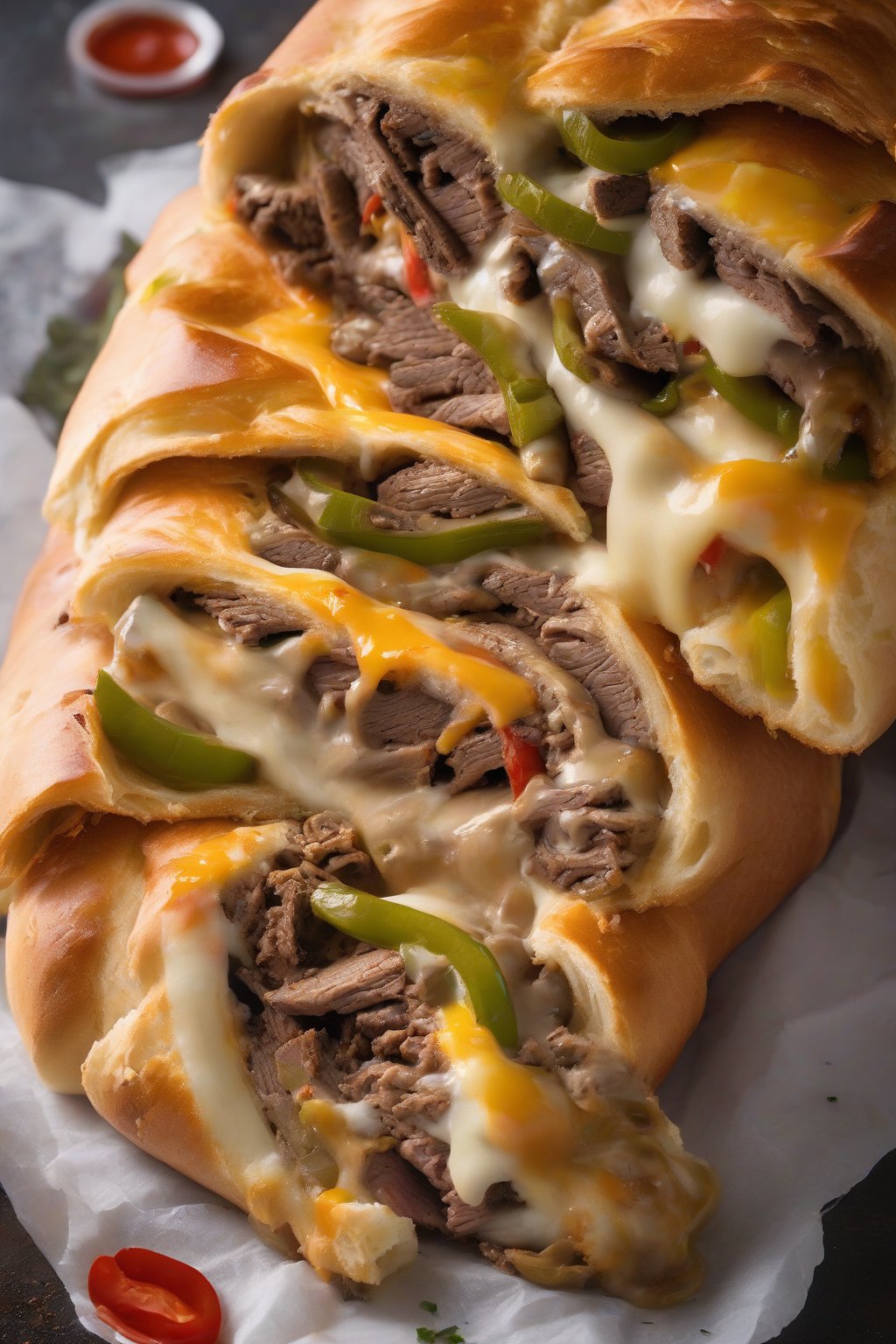A high-resolution photo of Philly cheesesteak stromboli oozing provolone over steak and peppers, under soft lighting.