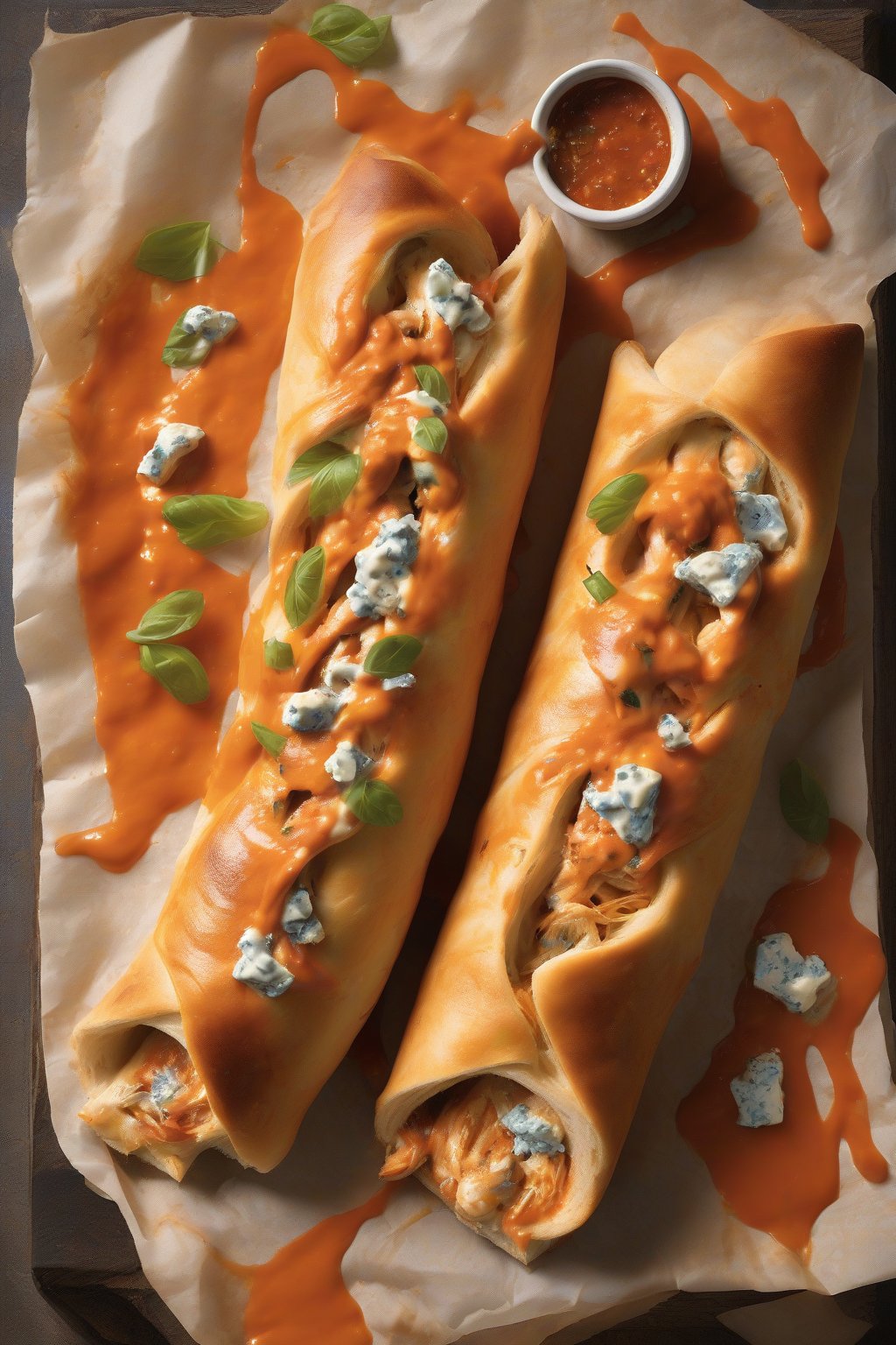 A high-resolution photo of buffalo chicken stromboli with blue cheese streaks and spicy sauce drip, under soft lighting.