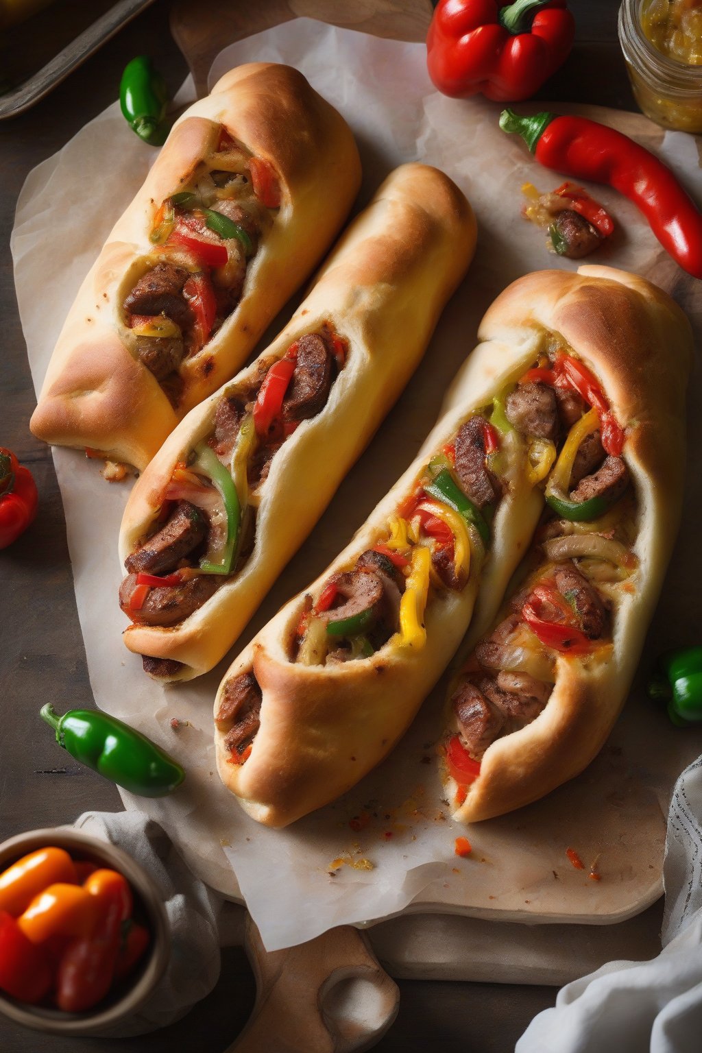 A high-resolution photo of Italian sausage and pepper stromboli sliced to reveal charred peppers and sausage, under soft lighting.