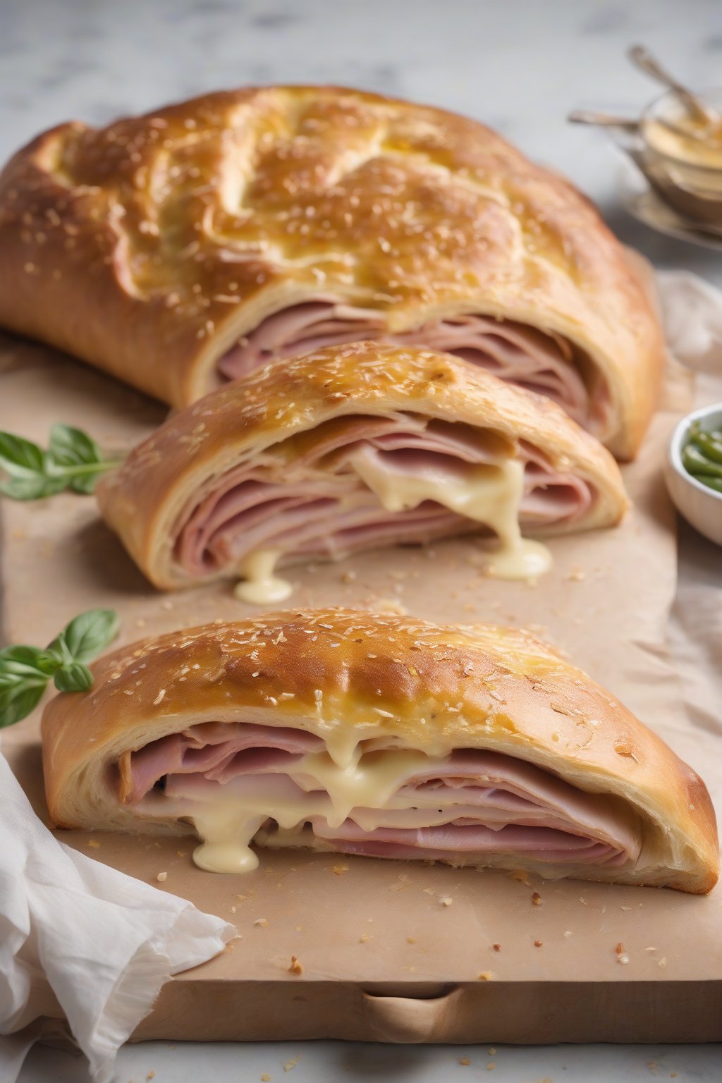 A high-resolution photo of ham and Swiss stromboli with melty cheese and honey glaze shine, under soft lighting.