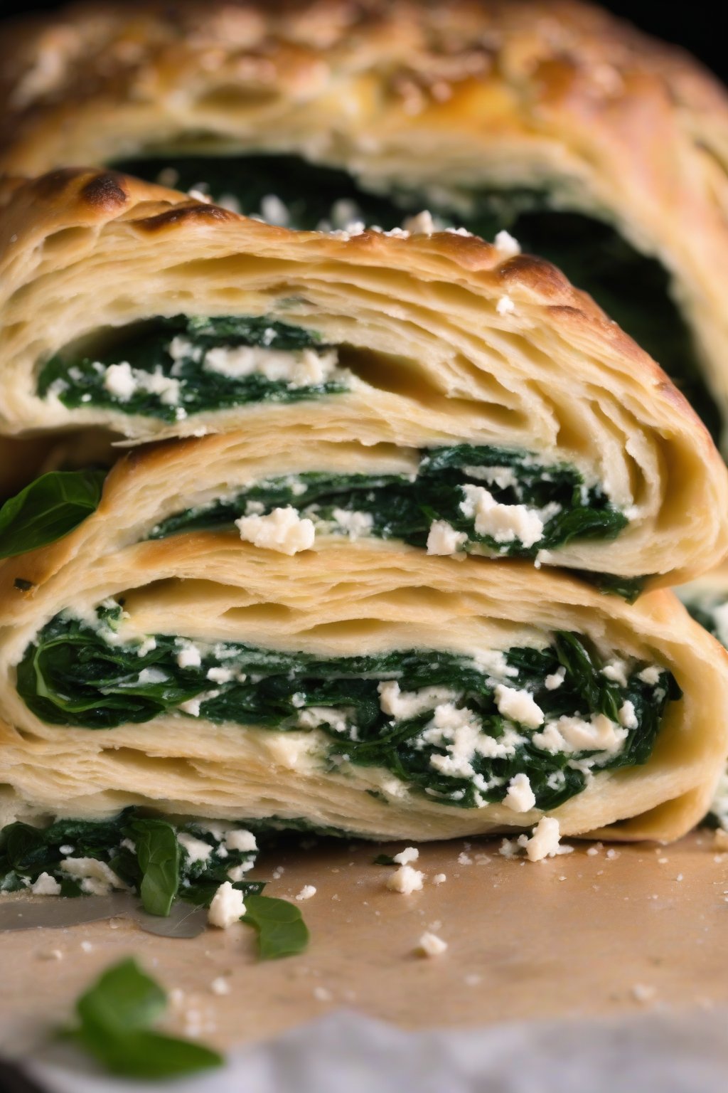 A high-resolution photo of spinach and feta stromboli showing crumbly feta and green spinach layers, under soft lighting.