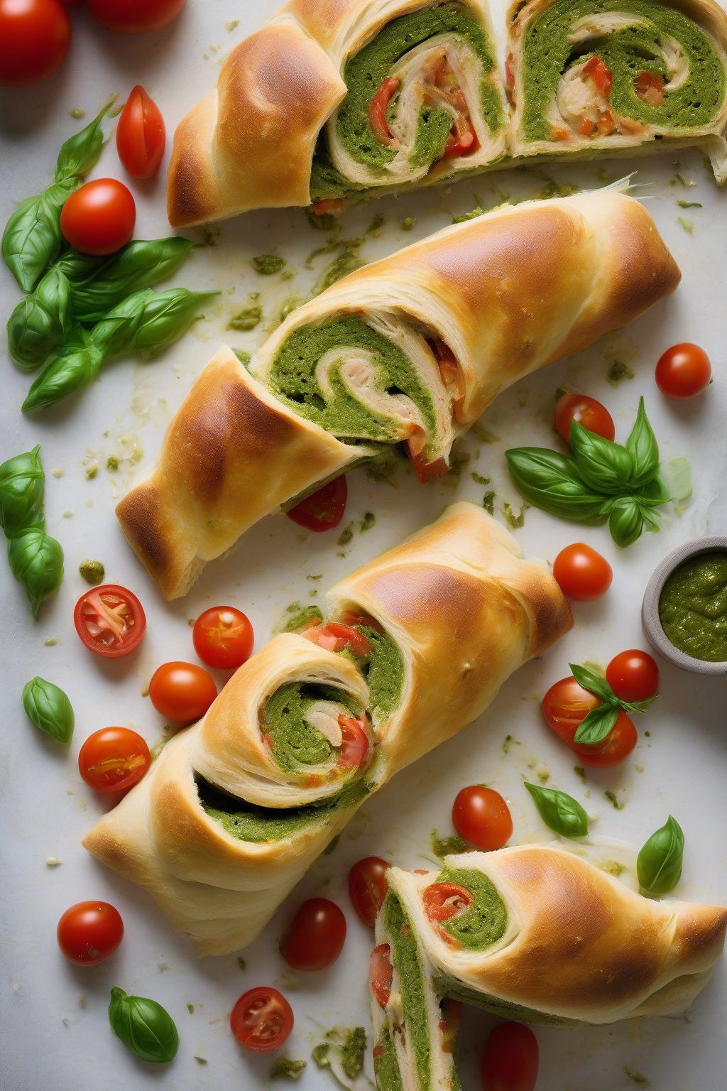 A high-resolution photo of pesto chicken stromboli with bright green pesto swirls and tomatoes, under soft lighting.