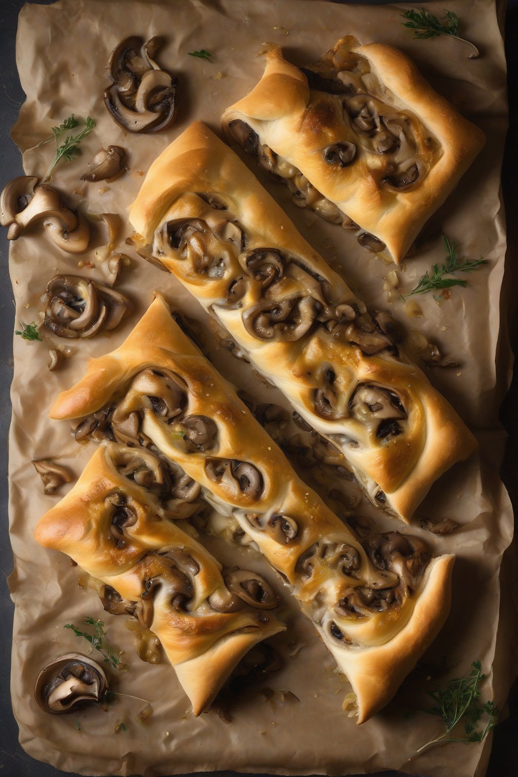 A high-resolution photo of mushroom and onion stromboli with golden caramelized edges, under soft lighting.