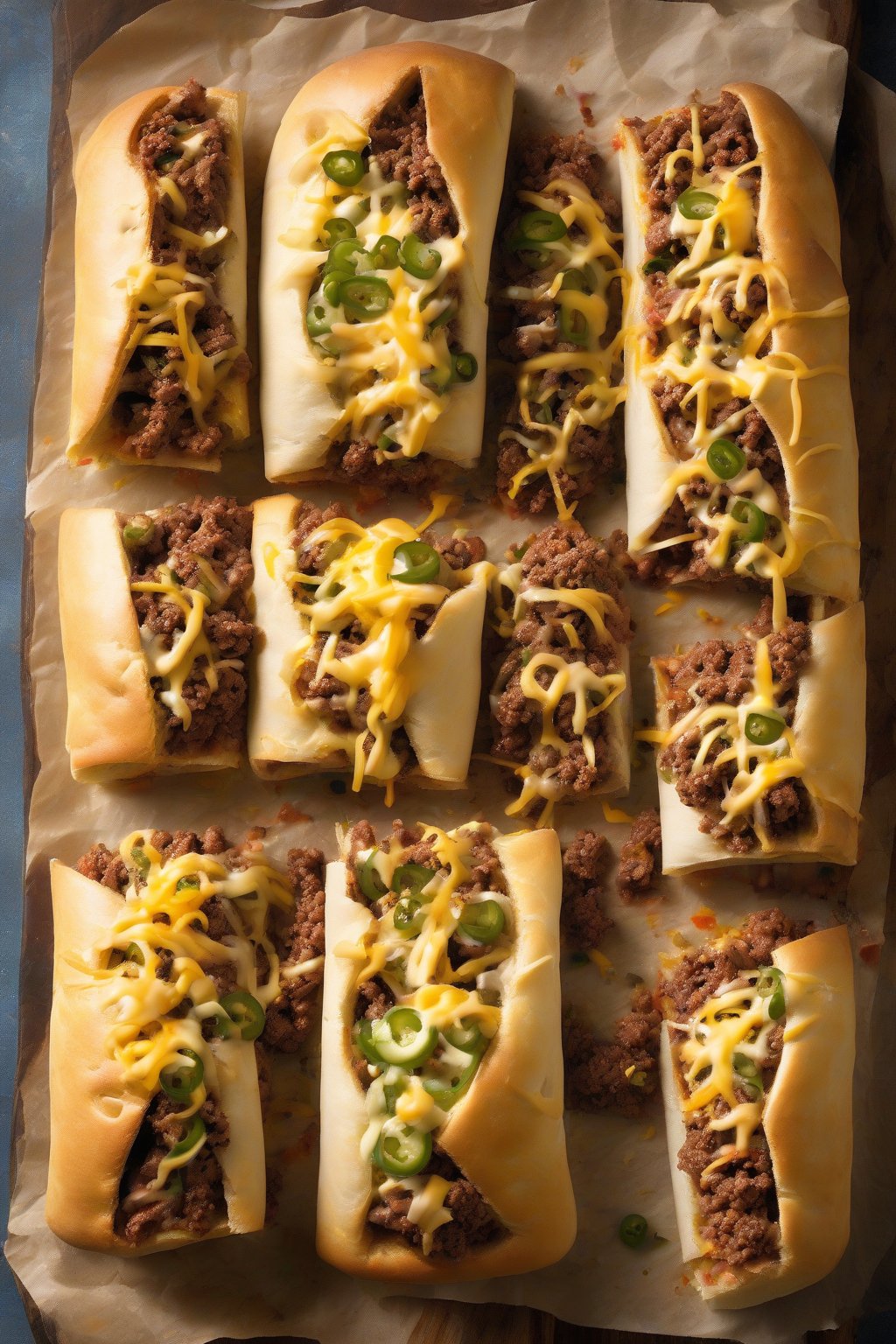 A high-resolution photo of taco stromboli sliced with ground beef, cheese, and jalapeño flecks, under soft lighting.