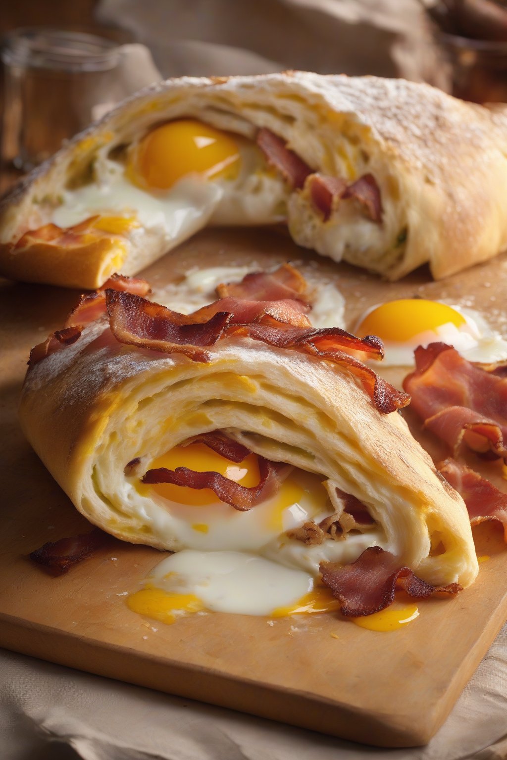 A high-resolution photo of breakfast stromboli revealing fluffy eggs and crispy bacon, under soft lighting.