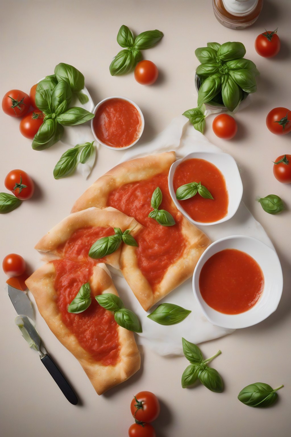 A high-resolution photo of margherita stromboli with fresh basil and tomato juices, under soft lighting.