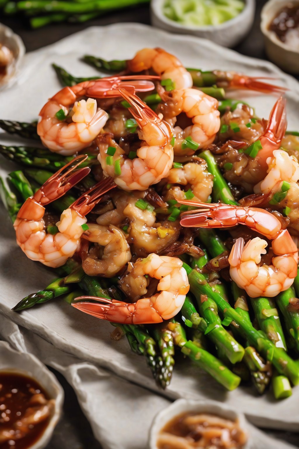 A high-resolution photo of shrimp bulgogi with curled prawns in shiny marinade and green asparagus, under soft lighting.