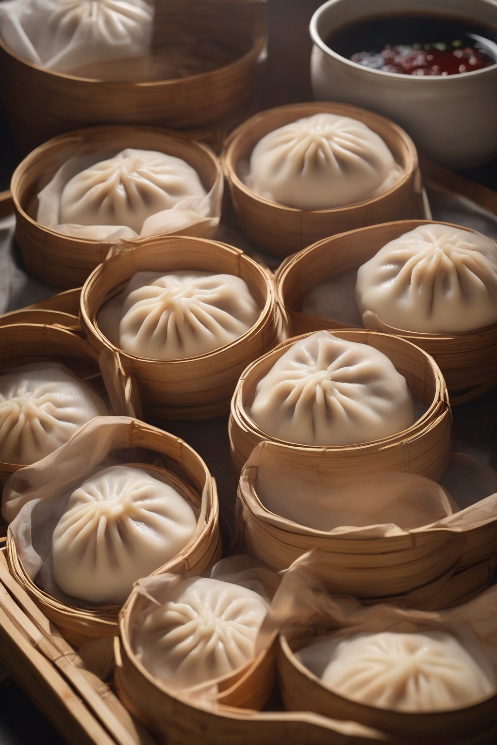 A high-resolution photo of fluffy white char siu pork bao buns steaming in a bamboo basket under soft lighting.