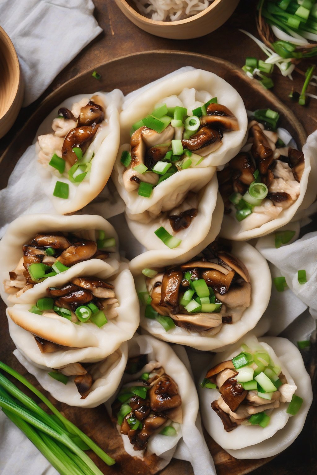 A high-resolution photo of shiitake chicken bao buns with visible pleats, garnished with green onions under soft lighting.