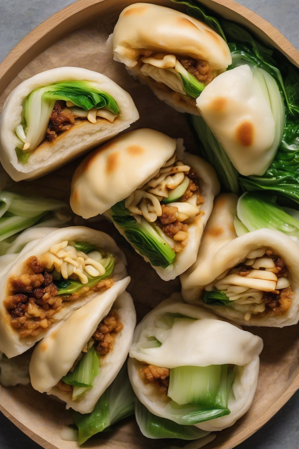 A high-resolution photo of golden tofu and bok choy bao buns sliced open to show filling under soft lighting.