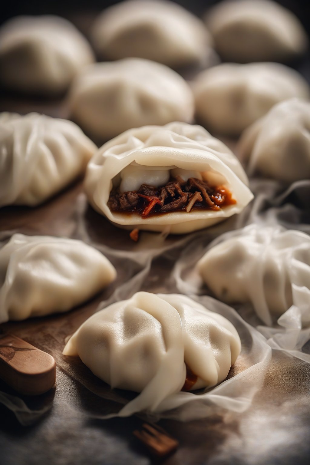 A high-resolution photo of ginger beef bao buns with steam rising, close-up on textured dough under soft lighting.