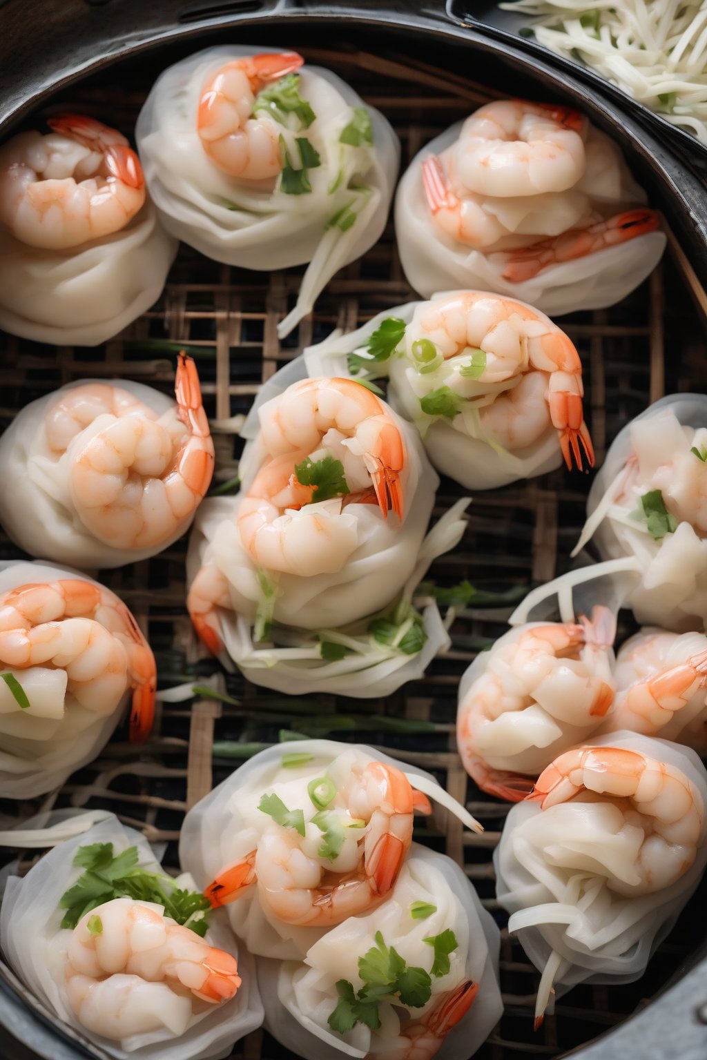 A high-resolution photo of plump garlic shrimp bao buns arranged in a steamer under soft lighting.