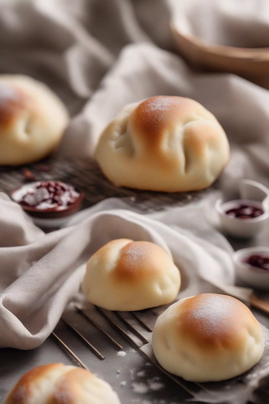 A high-resolution photo of smooth red bean paste bao buns dusted with powdered sugar under soft lighting.