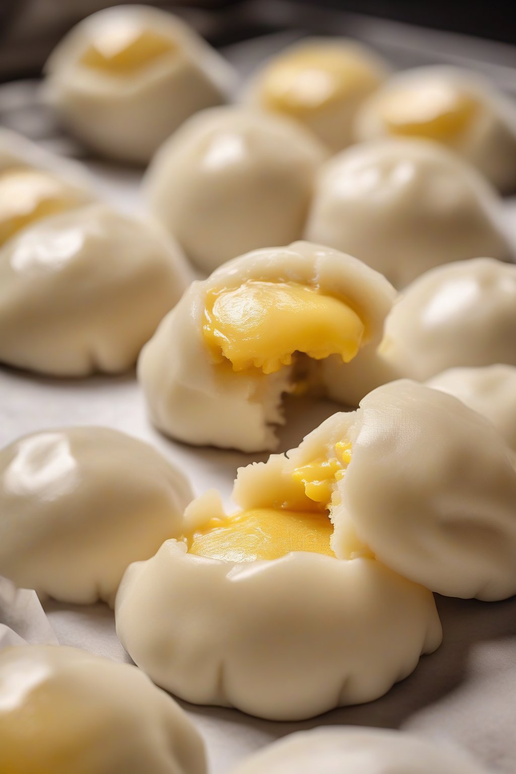 A high-resolution photo of custard bao buns with a glossy top, one cut to reveal yellow filling under soft lighting.