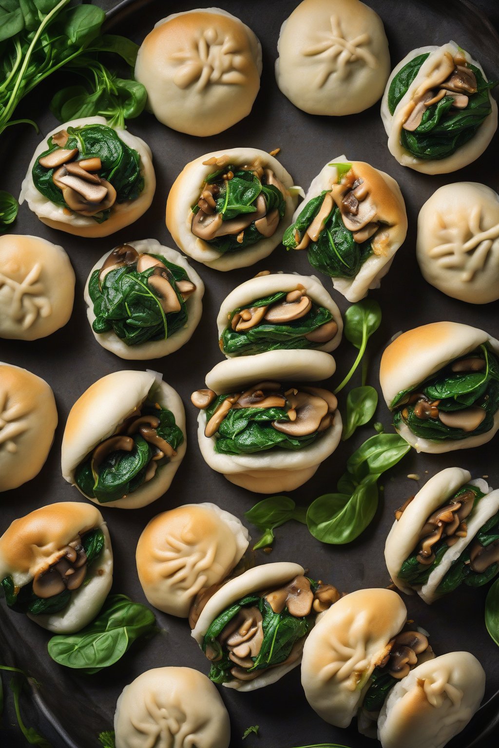 A high-resolution photo of vibrant green spinach mushroom bao buns piled high under soft lighting.