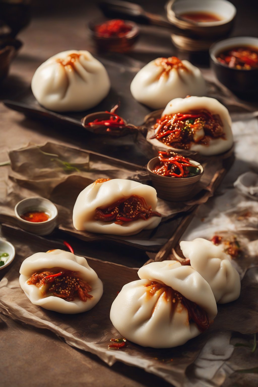 A high-resolution photo of red-tinged spicy Szechuan pork bao buns with chili flecks under soft lighting.