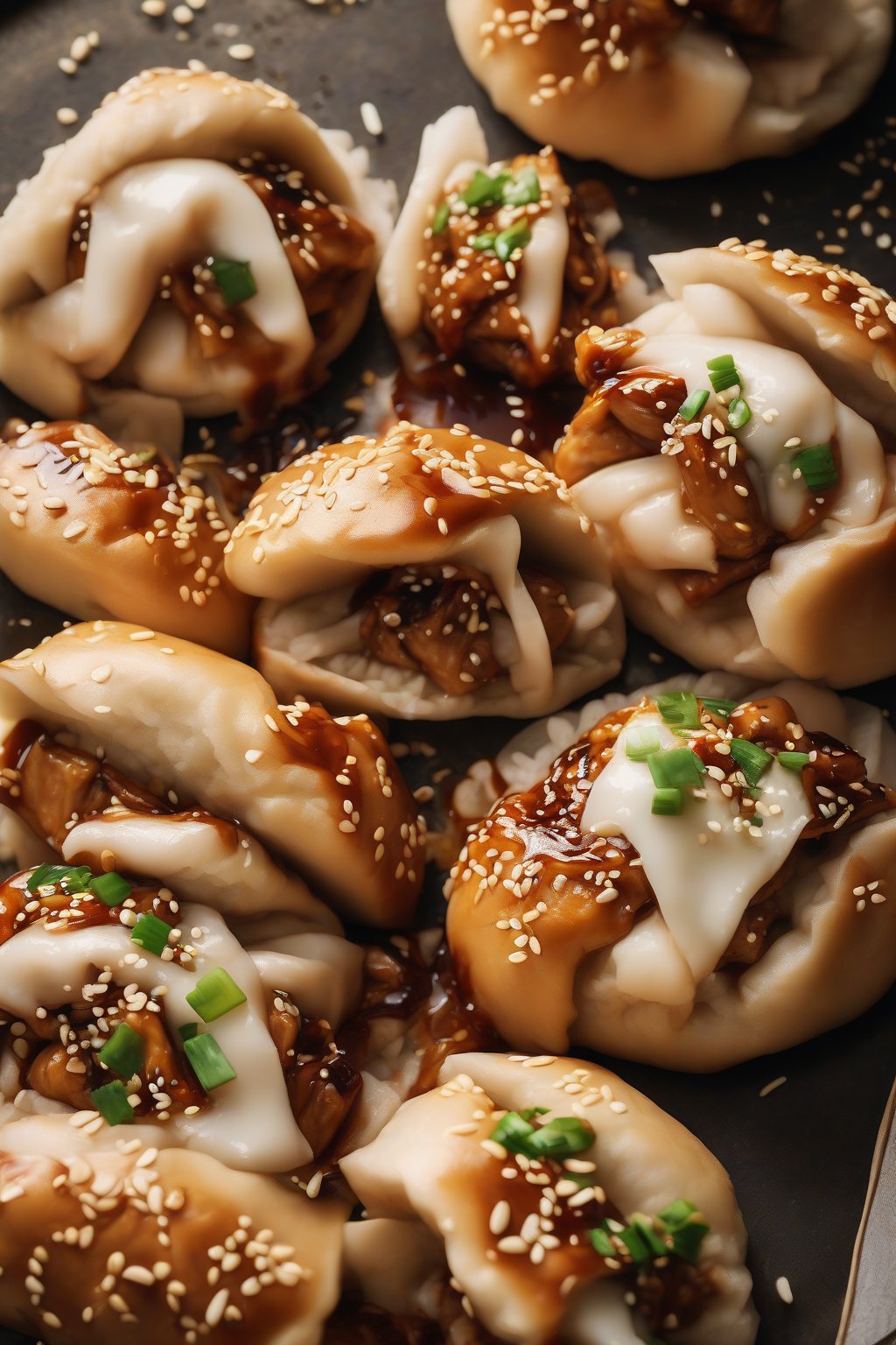 A high-resolution photo of glossy teriyaki chicken bao buns with sesame seeds under soft lighting.