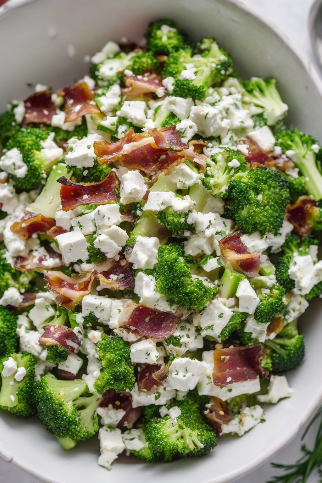 A high-resolution photo of Greek yogurt bacon broccoli salad topped with feta and dill, in a fresh white bowl, under soft lighting.