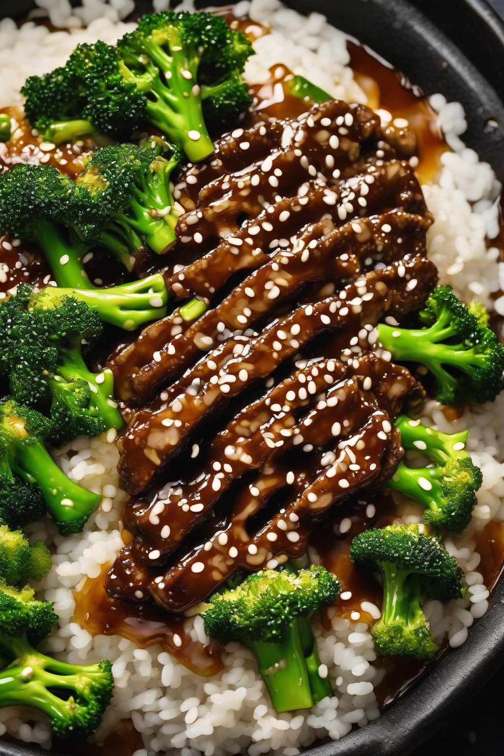 A high-resolution photo of sweet honey bulgogi dripping with glaze, broccoli accents, and sesame topping, under soft lighting.