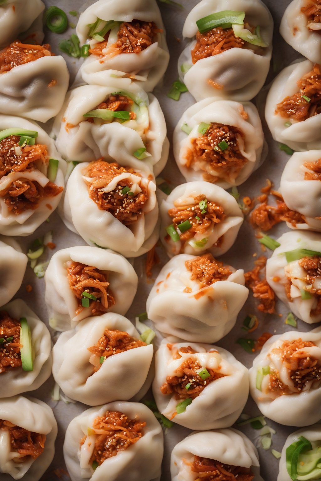A high-resolution photo of kimchi pork bao buns showing pink filling peeking out under soft lighting.