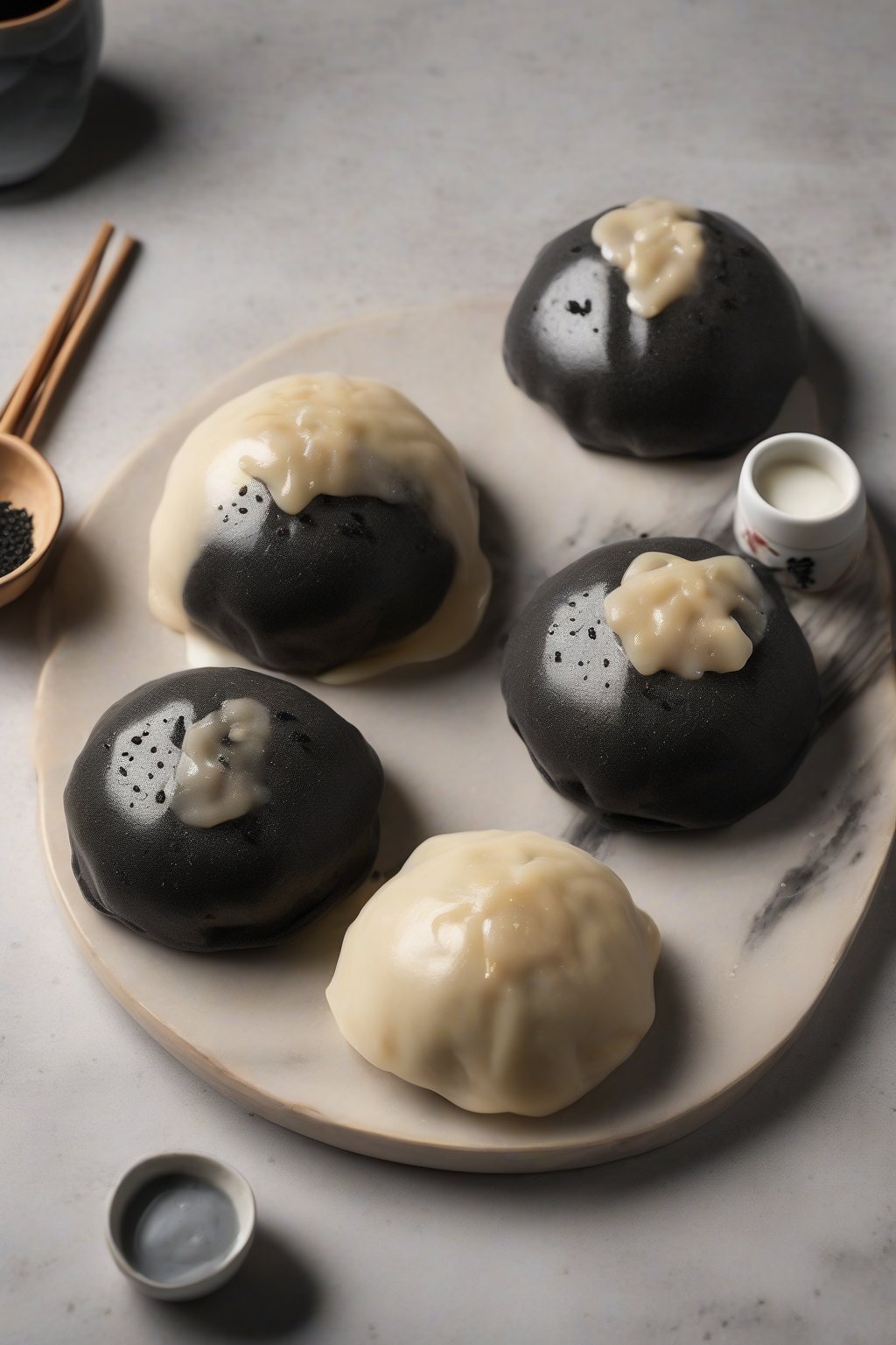 A high-resolution photo of dark black sesame custard bao buns with a smooth exterior under soft lighting.