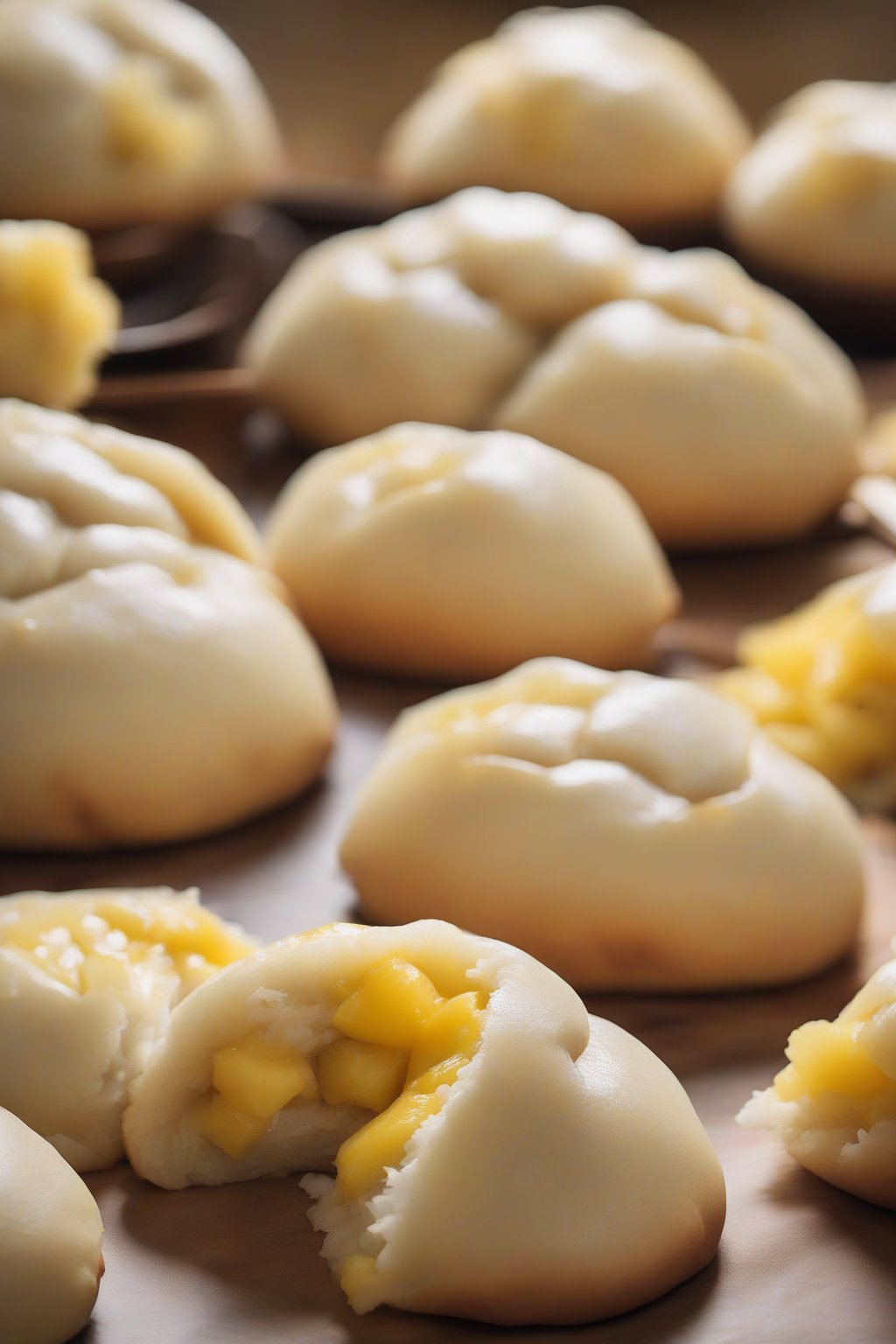 A high-resolution photo of pineapple coconut bao buns oozing yellow filling under soft lighting.