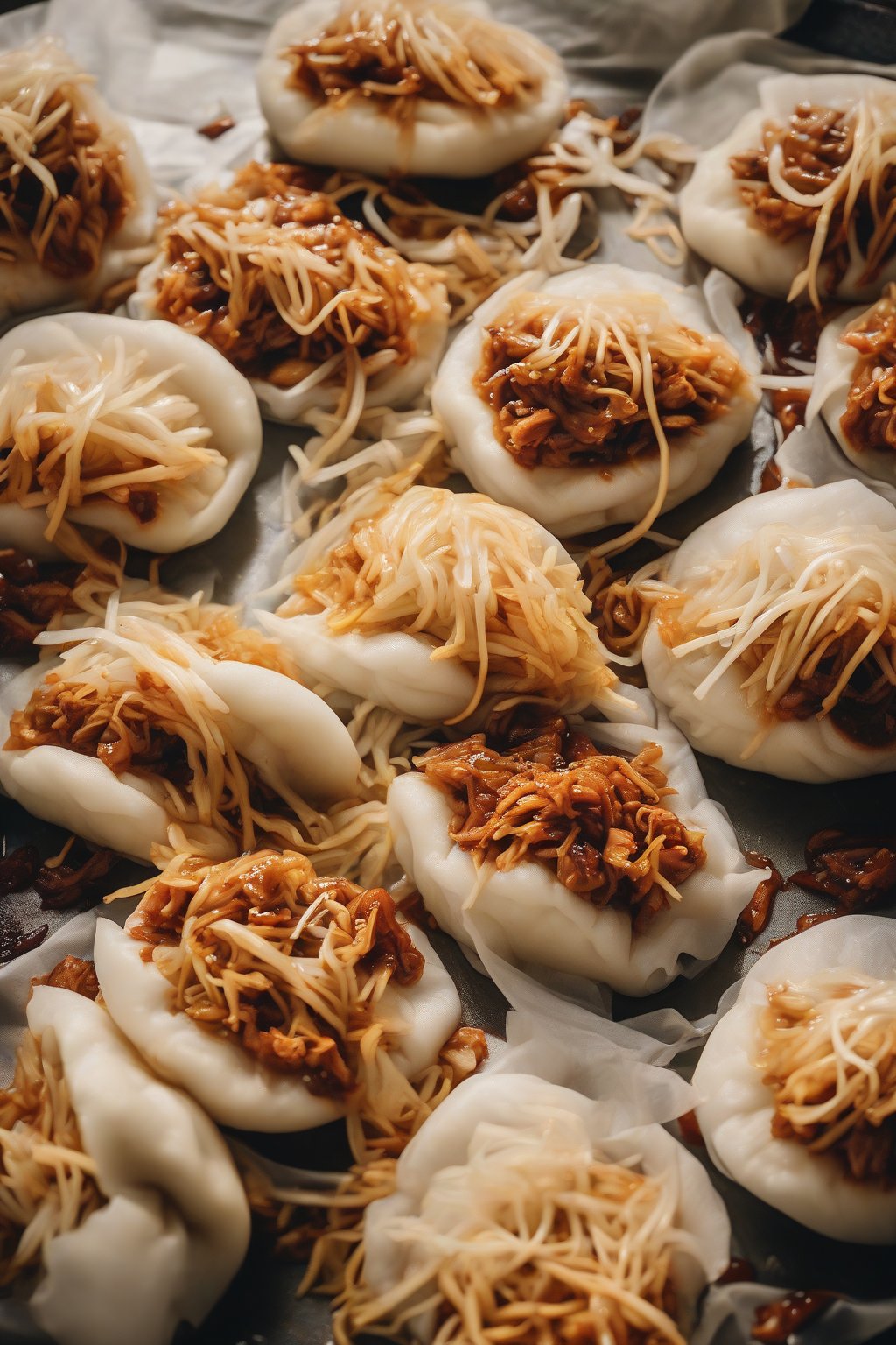 A high-resolution photo of shredded jackfruit BBQ bao buns steaming invitingly under soft lighting.