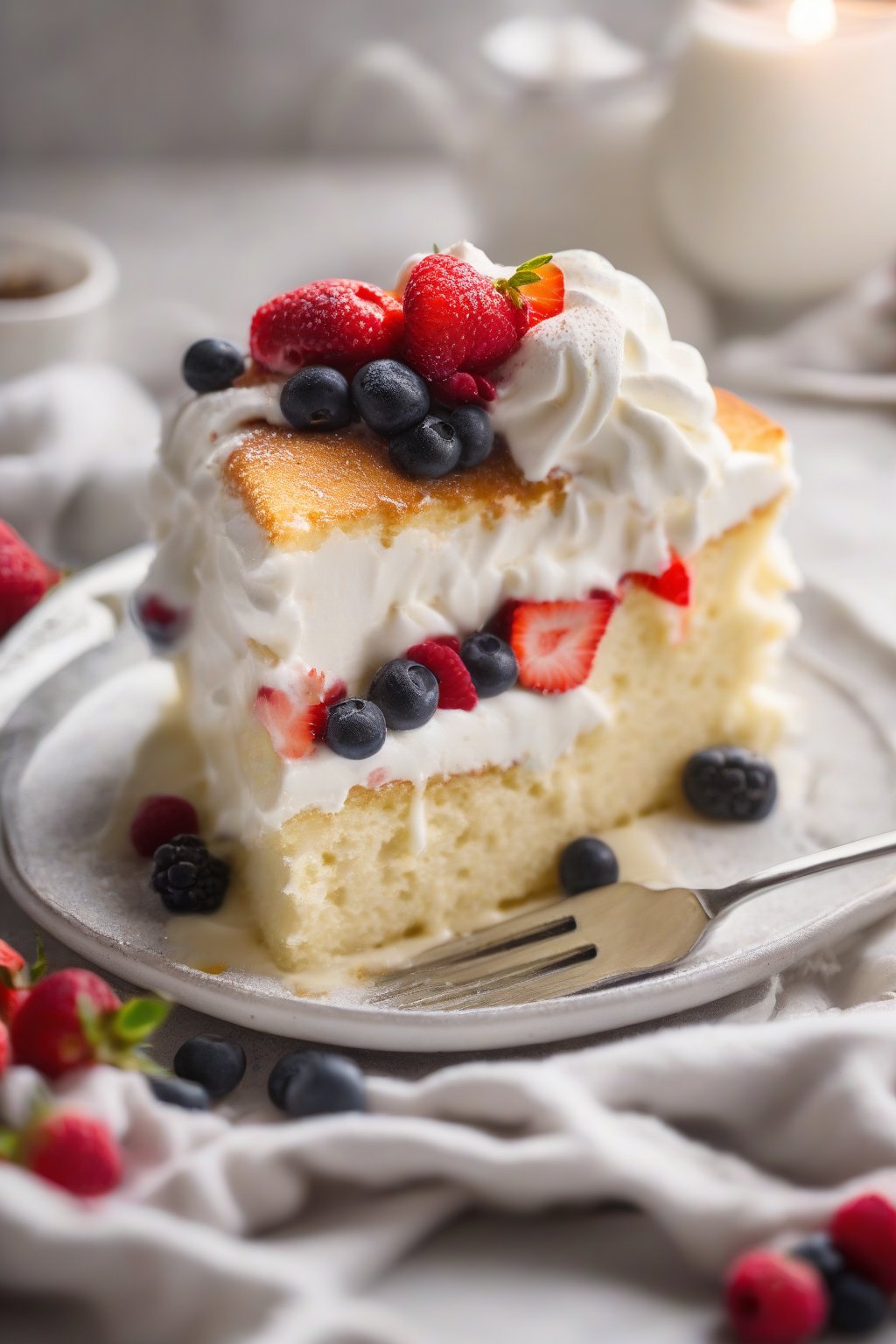 A high-resolution photo of a slice of classic tres leches cake, dripping with milk soak and topped with whipped cream and berries, under soft lighting.