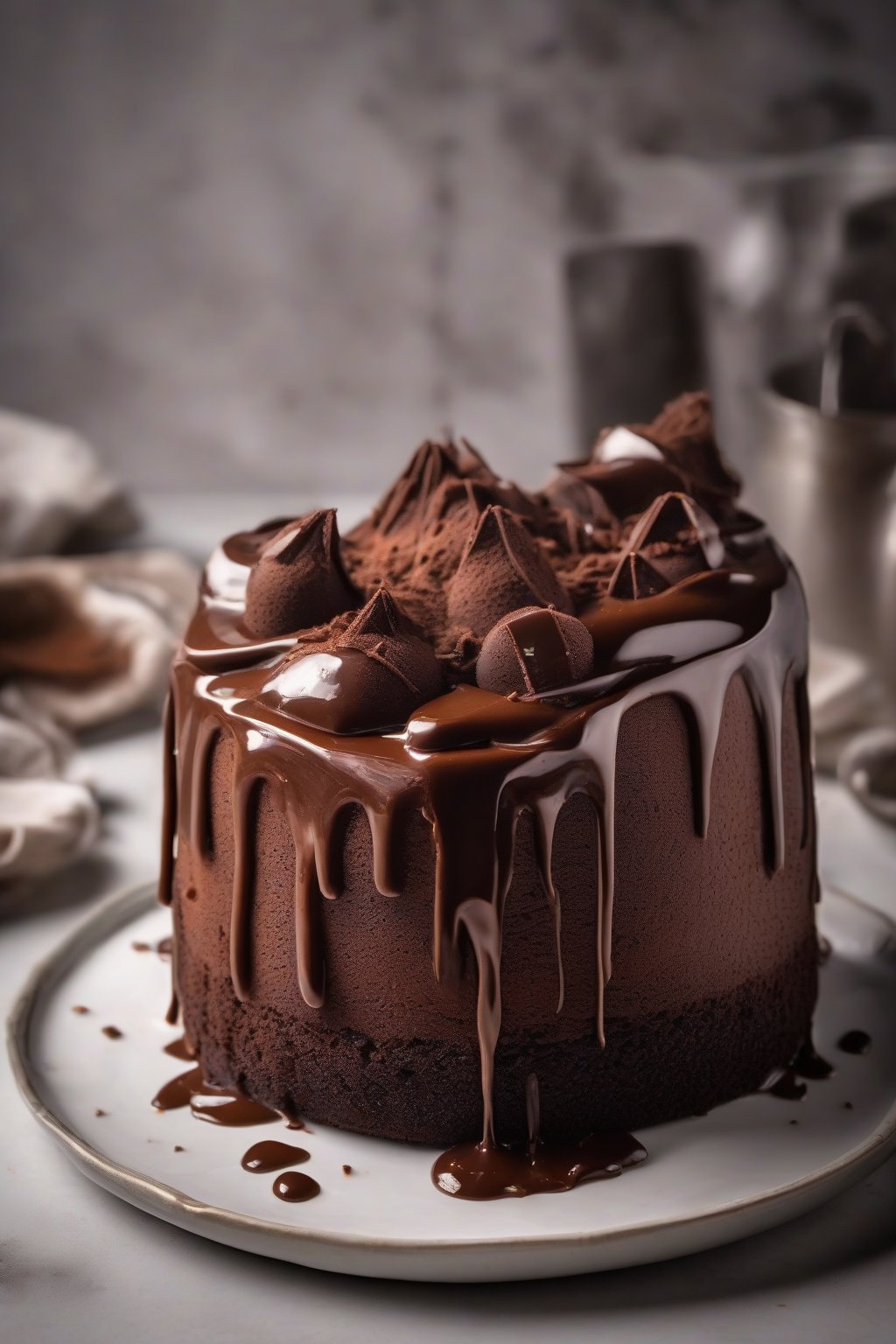 A high-resolution photo of chocolate tres leches cake with glossy ganache drips and cocoa dusting, under soft lighting.