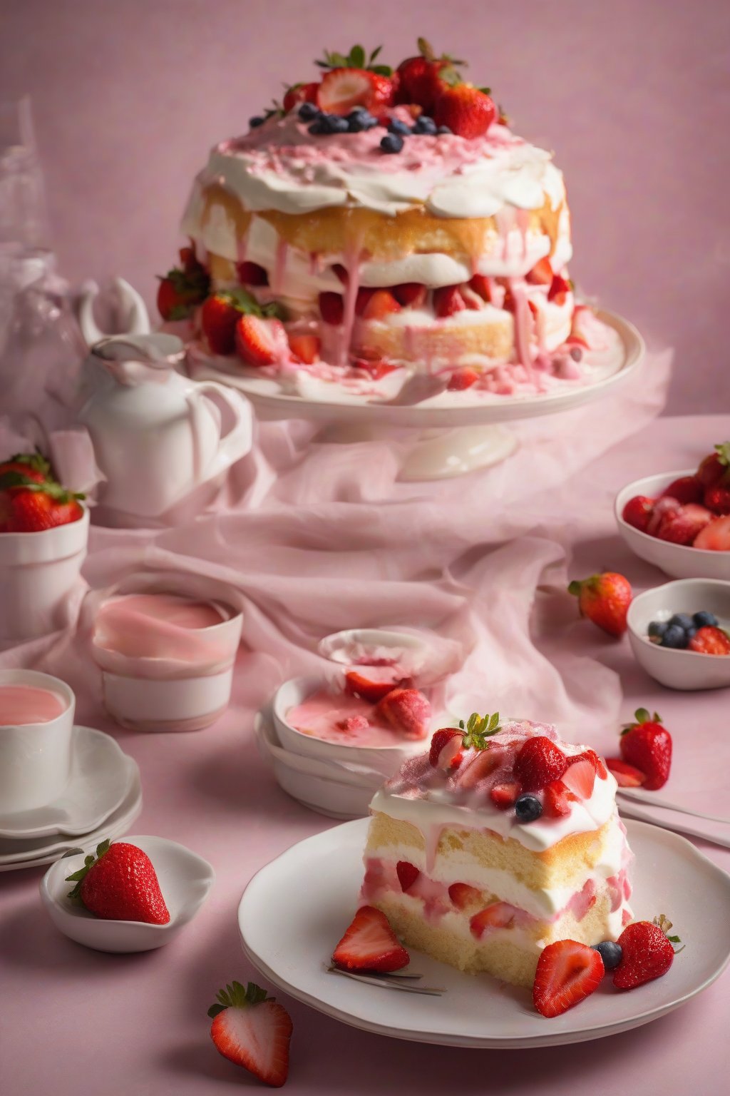 A high-resolution photo of strawberry tres leches cake layered with pink berries and cream, juices pooling on the plate, under soft lighting.