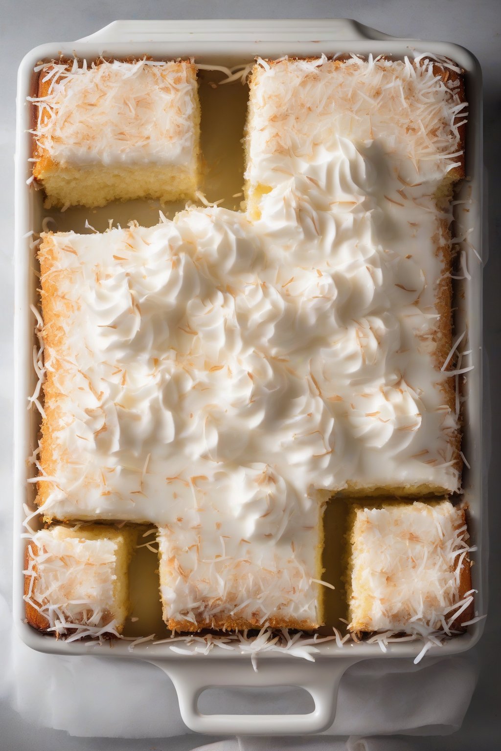 A high-resolution photo of coconut tres leches cake topped with fluffy white shreds and cream, under soft lighting.