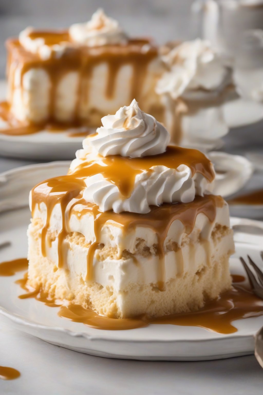 A high-resolution photo of dulce de leche tres leches with golden caramel rivers over whipped cream, under soft lighting.
