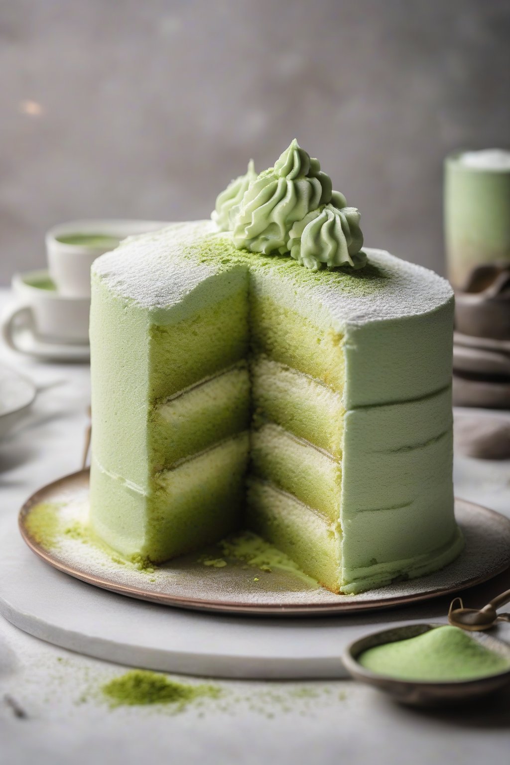 A high-resolution photo of matcha tres leches cake with pastel green layers and powdered sugar dusting, under soft lighting.
