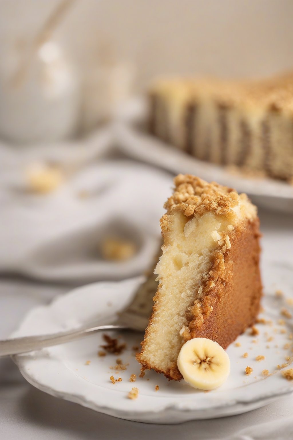 A high-resolution close-up photo of a slice of classic moist banana cake on a white plate, golden crumb with visible banana flecks, under soft lighting.